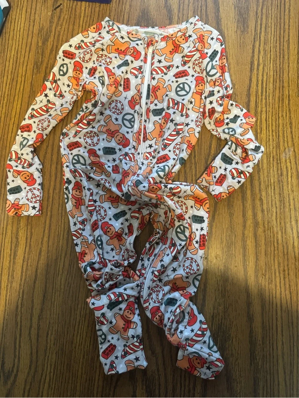 Kids White Gingerbread Print Zip-Front One-Piece Pajamas bamboo